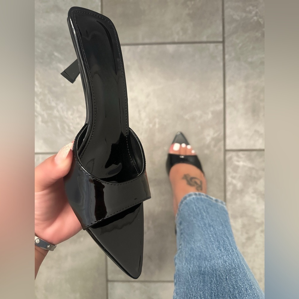 NEW ! OPEN TOE PATENT BLACK Elegant Black Women's Mid Heels